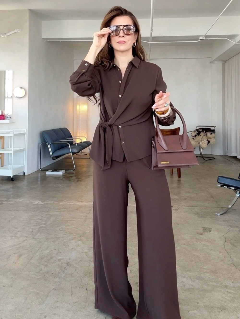 Zara 2 piece set Dark Brown Wrap Blouse & Wide-Leg Pants